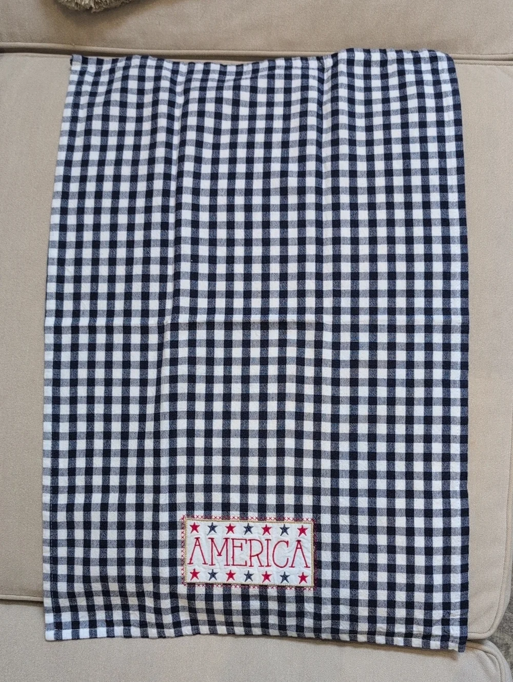 America Embroidered Navy & White Checkered Cotton Kitchen Towel Made In India